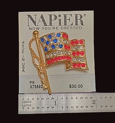 American Flag Pin by Napier 1.5″ Rhinestone Brooch Red White Blue Made in USA