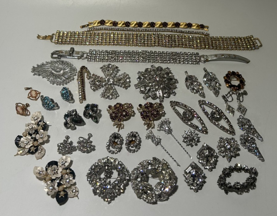 VTG Costume Jewelry Lot Rhinetones Signed & Unsigned WEISS KRAMER Sterling GF
