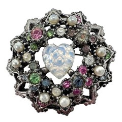 Vintage Silver Tone Multicolor Rhinestone Heart Shaped Opalite Brooch