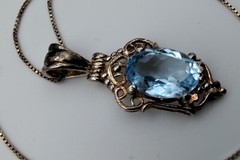 Vtg Pastel Oval Blue Faceted Stone Filigree Sterling Silver Pendant Necklace 925