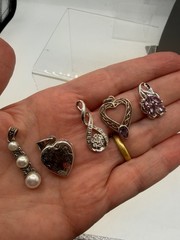 Lot Of 5 Vintage Sterling Pendants Plus Stones Heart Floral Locket