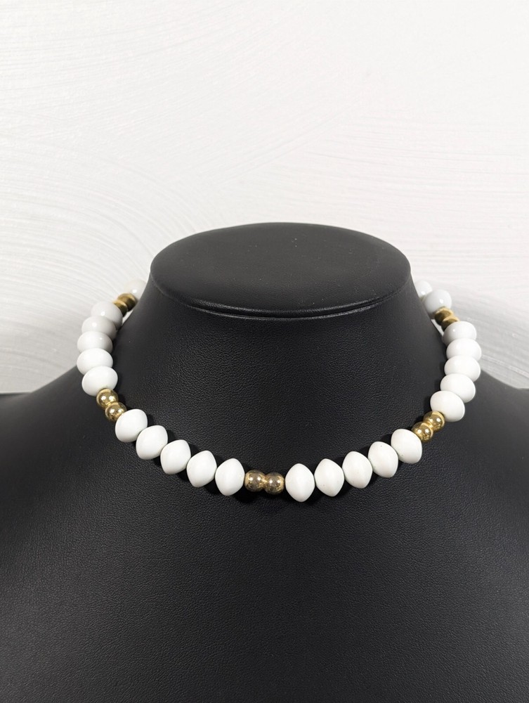 Vintage White Lucite Sattelite Bead Gold Tone Choker Neckalce MCM Retro 17 in