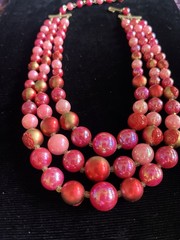 vintage triple strand pink/gold beaded choker gold-tone hook clasp Japan