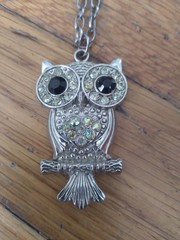 Owl Pendant Necklace Silver Tone Rhinestones 26 Inches Vintage