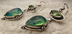 VTG STERLING SILVER LRG LONG GREEN PERIDOT FIRE OPAL STONE DROP PIERCE EARRINGS
