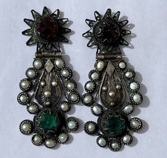 ANTIQUE ARMENIAN BYZANTINE REVIVAL OTTOMAN PEARL COIN SILVER JEWELED EARRINGS