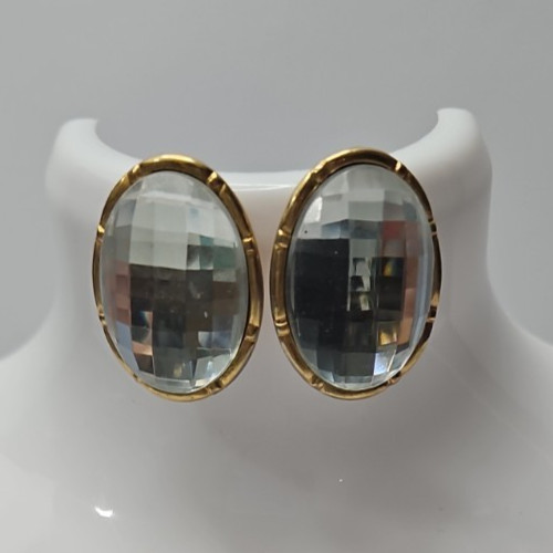 Vintage Style Pierced Earrings Gold Tone Faceted Clear Crystal Cabochons