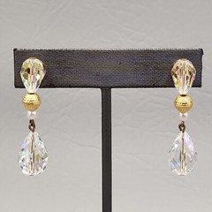 Vintage Glass Earrings Dangle AB Teardrop Faceted Drop 1.5″