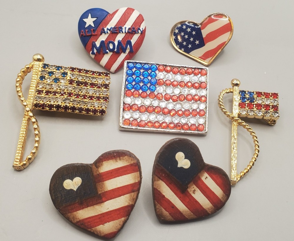 6 Pc U.S.A. Flag Lot: Rafaelian + 2 Unsigned Flag Brooches, 2 Pins, Earrings