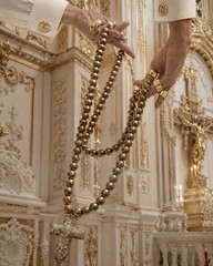 Vintage Original Shattered Fine Art Glass Cross Gold Wood Prayer Beads Necklace