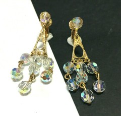 Vintage Designer Crystal AB Long CHANDELIER CLIP EARRINGS Clear Gold Mint H154e