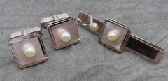 Caribe Sterling Silver Vintage Cufflinks Tie Bar Set White Pearl Cuff Links 252h