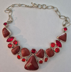 Vintage Coral & Rhinestone Necklace in Heavy Bezeled Sterling 3.1 oz. 20″