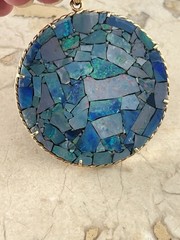 Large Vintage 14K Gold Rope Design Opal Mosaic Statement Pendant 2 5/8″ length