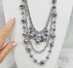 Boho Gray Pearl Bead & Silver Tone Black Satin Ribbon Multi Strand Necklace