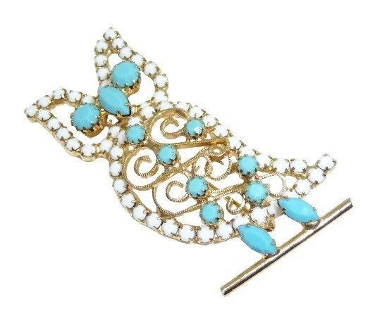 Vintage White Milk Glass and Turquoise Rhinestone Owl Bird Pin Brooch