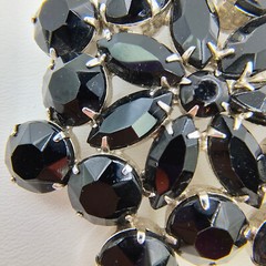 Vintage Black Glass Rhinestone Flower Brooch Pin Silver Tone Art Deco Style