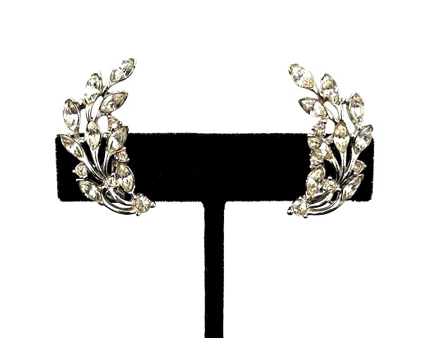 Vintage Signed BOGOFF Silver Tone CLEAR Rhinestone CLIMBER Clip Earrings 1.25″ L