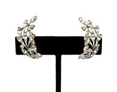 Vintage Signed BOGOFF Silver Tone CLEAR Rhinestone CLIMBER Clip Earrings 1.25″ L