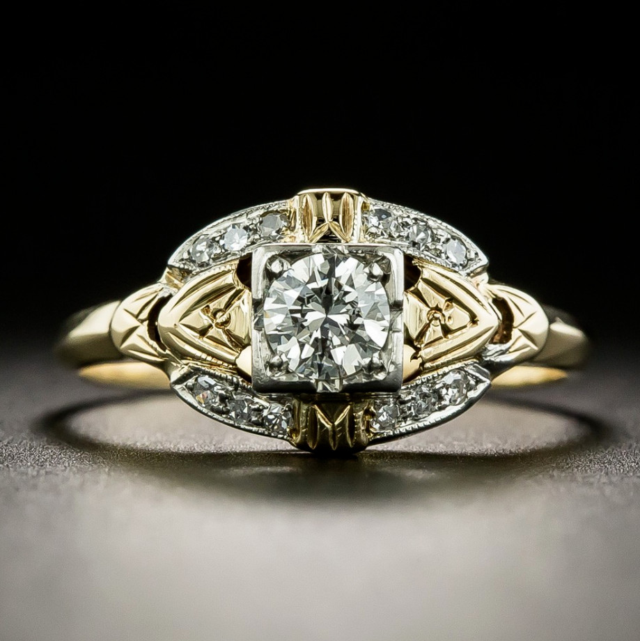 Art Deco Style Round Cut Lab Created Diamond 14K Yellow Gold FN Engagement Ring