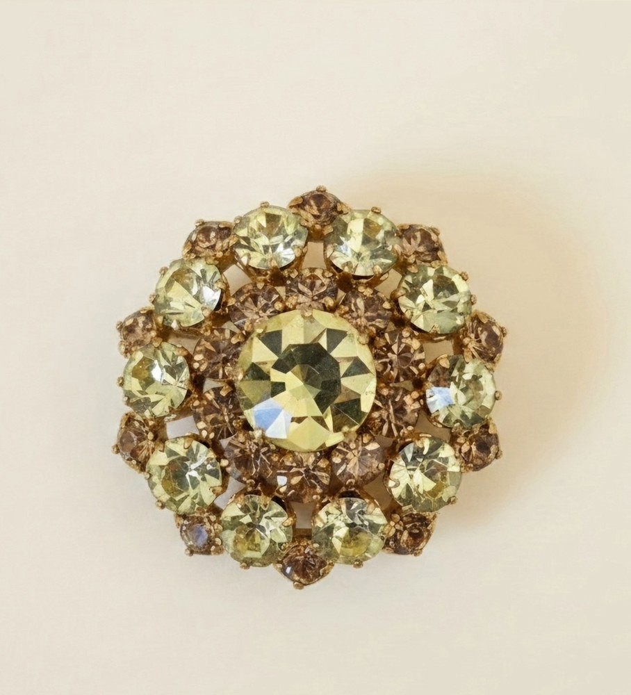 Vtg Signed Austria Peridot Green Amber Topaz Brown Rhinestone Dome Brooch