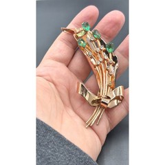 Vintage Coro Pegasus Sterling Silver Rose Gold Vermeil Green Floral Brooch 1940s