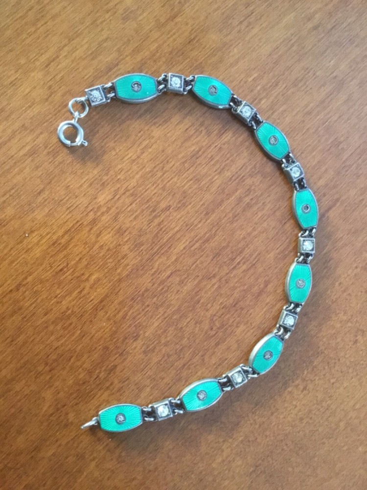 ANTIQUE GREEN GUILLOCHE STERLING SILVER BRACELET 8 INCHES LONG 15.5 GRAMS