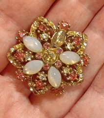 Vintage 1960s Pink Rhinestone Faux Pearl Flower Brooch Gold Tone Costume Jewelry