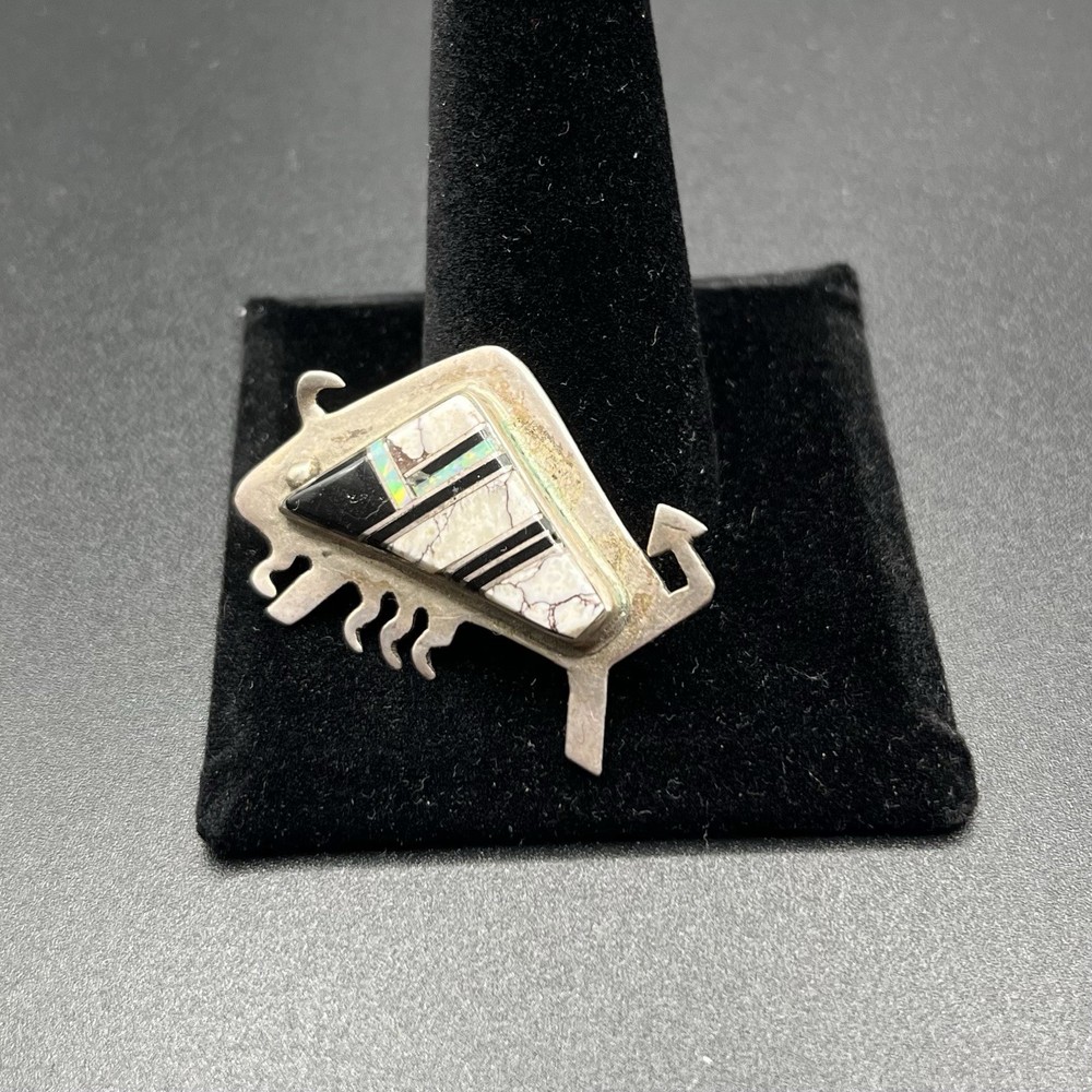 Vintage Navajo 925 Sterling Silver Opal Black Onyx Buffalo Brooch 7g