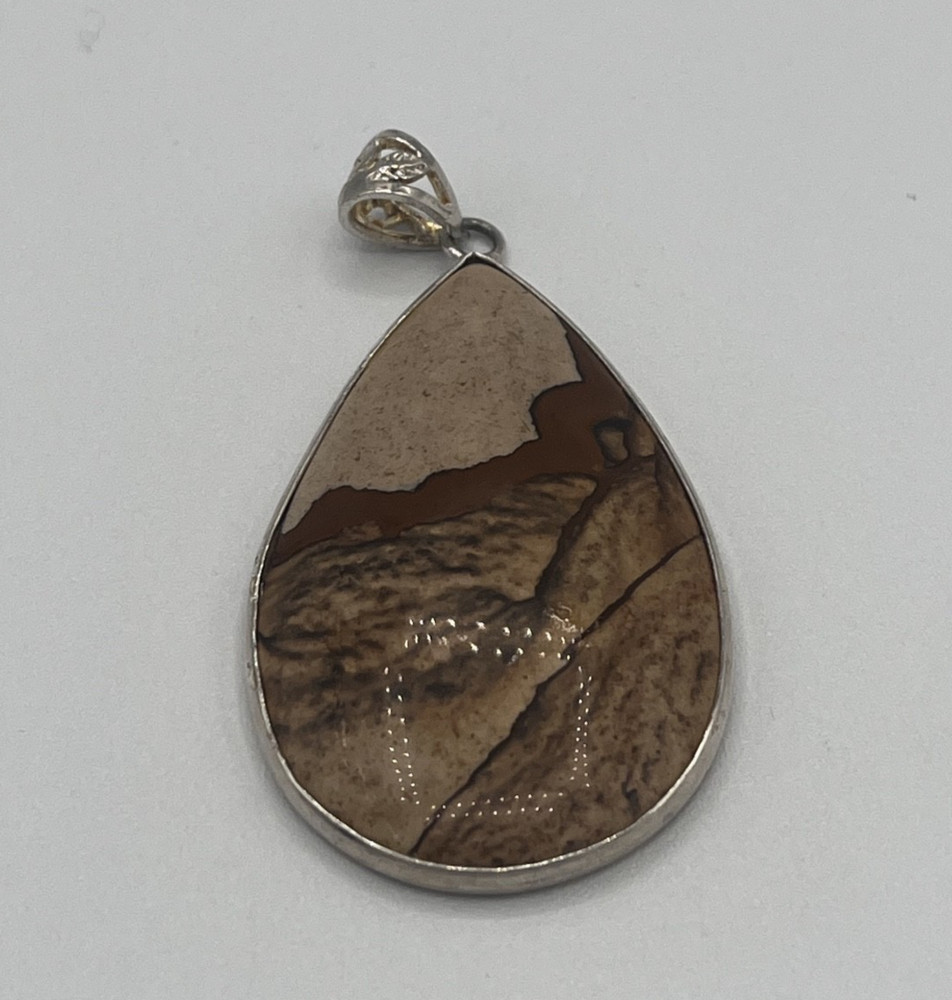 Natural Stone Teardrop Artisan Floral Tooled Bale Pendant Statement Piece