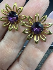 Vintage Rhinestone Screw Back Earrings Gold Tone Purple Stones