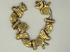 Vintage Tennis Sliding Charm Bracelet Gold Tone Sports Racket Sneaker Theme 7.5”