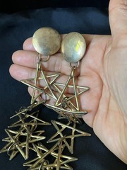 Vintage Shoulder Duster Earrings Gold Tone Open Star Link Dangles 6″ Clip On