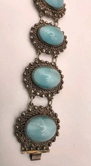 Antique Solid Sterling Silver 950 Ornate Light Blue Glass Moonstone Bracelet