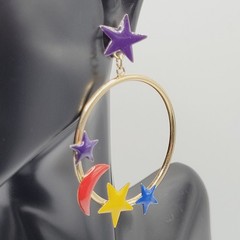 Stars Crescent Moon Colorful Enamel Metal Gold Tone Round Hoop Pierced Earrings