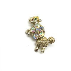 Vintage AB Rhinestone Green Eyed Poodle Dog Gold Tone Brooch Pin