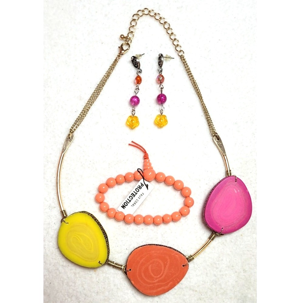 Vtg Genuine Multi Color Agate Jasper Slab Statement Necklace Bracelet Earrings