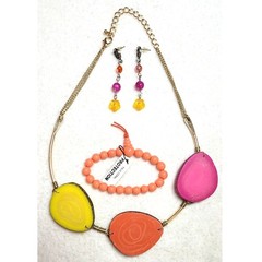 Vtg Genuine Multi Color Agate Jasper Slab Statement Necklace Bracelet Earrings