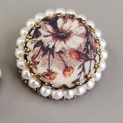 Vintage Sugared Flowers Clip On Earrings West Germany Round Faux Pearls 7/8″