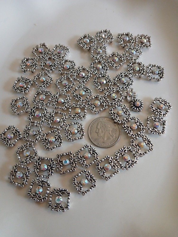 (Q)39 Pc Metal jewelry components Daisy Spacer Beads/AB Rhinestones