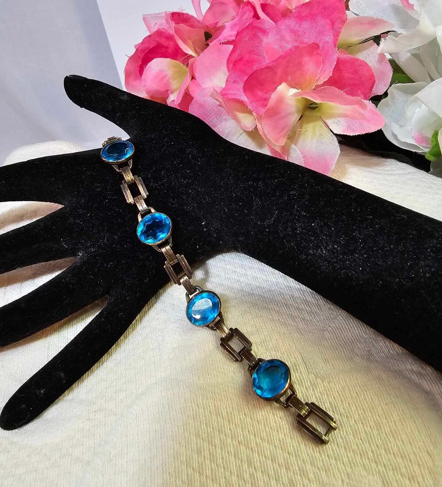 1/20- 10k gold filled w/ blue stones Link Chain Bracelet 6.75in”- B2