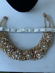 Vintage Gold Tone Statement Bib Necklace Crystal Bead Pearl Flower Chain 18”