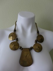 Estate Vintage Large Metal /Resin/Leather Cord Statement BOHO Tribal Necklace