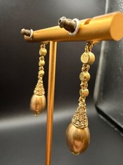 Vtg Champagne Faux Pearl Rhinestone Gold Tone Dangle Drop Pierced Earrings Glam