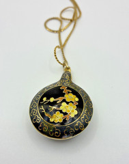Vintage Cloisonne Pendant Necklace Double Sided Black Floral Gold Tone Enamel