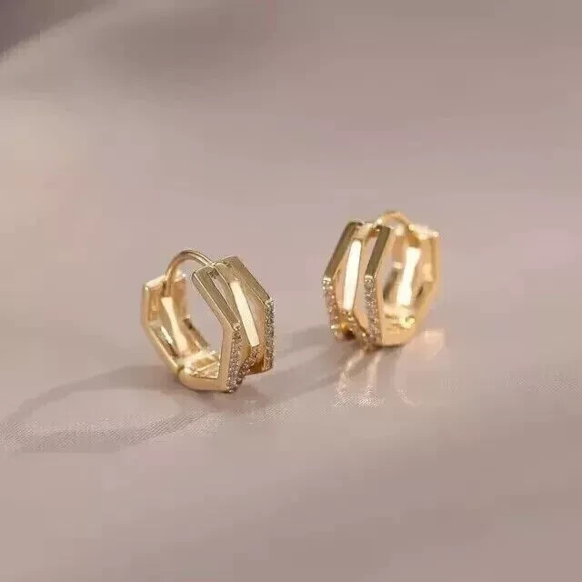 Hexagon Three Layer Hoop Earrings 2.3 Ct Simulated Diamond 14K Yellow Gold Over