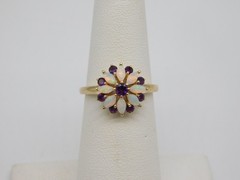 SWEET VINTAGE 14K YELLOW GOLD FIERY FIRE OPAL AMETHYST STONE RING SIZE 6