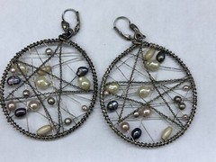 ESTATE SILVER TONE FAUX PEARL DREAM CATCHER LOOP HOOP WIRE DANGLE EARRINGS