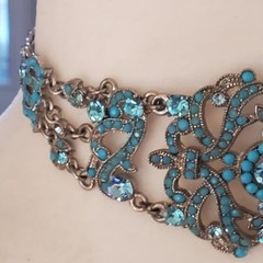 VCLM Aqua Crystal Turquoise Rhinestone Choker – High End Costume Piece Marked