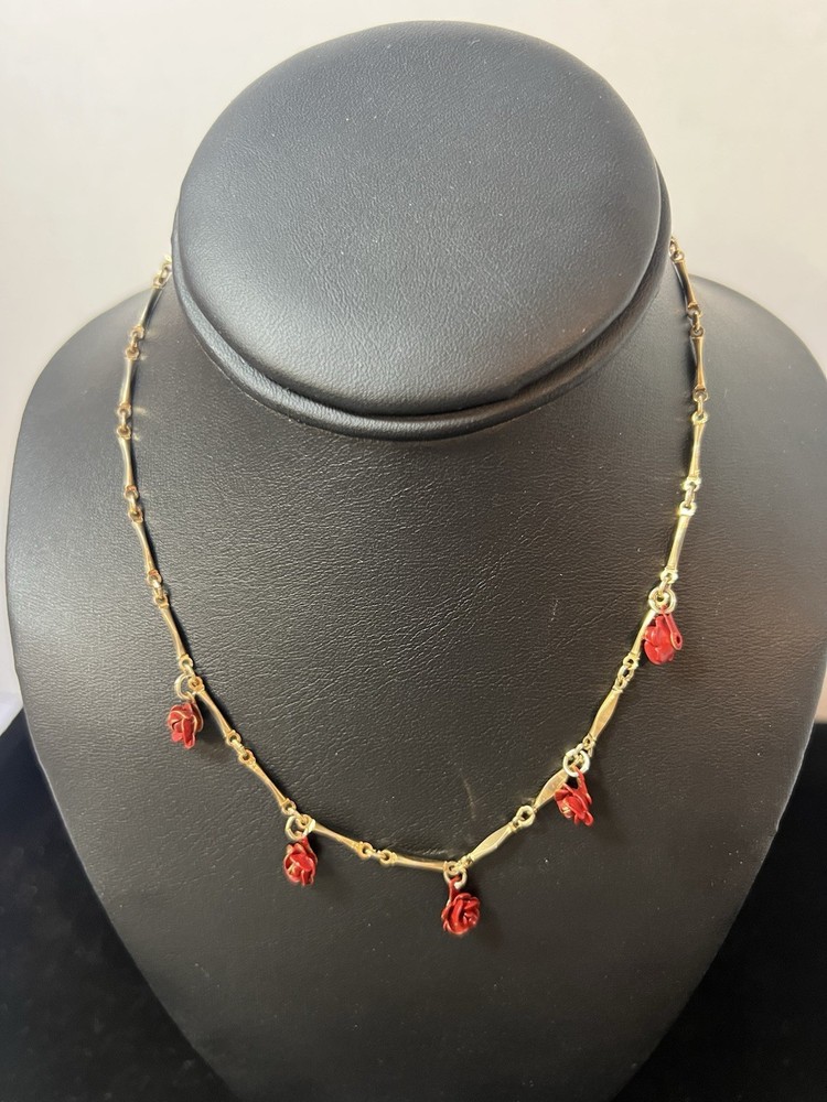 Vintage Patent 3429680 Red Rose Dangle Necklace Gold Tone